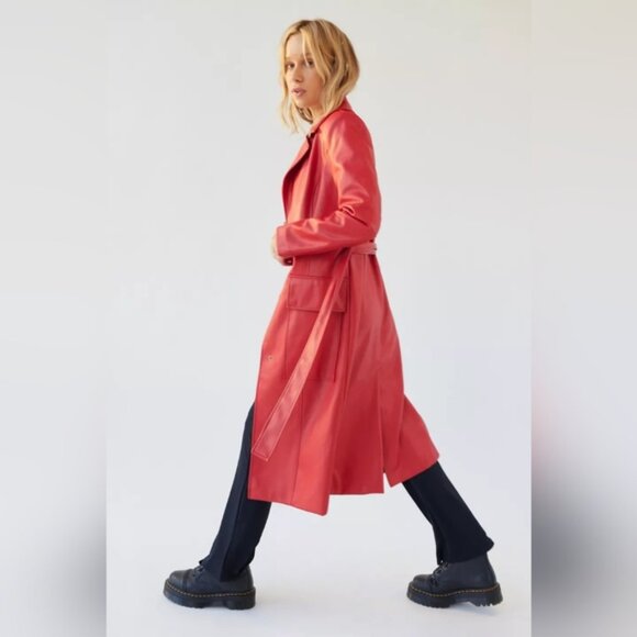 NWOT Urban Outfitters Ryan Faux Leather Trench Coat in Red Size Small - Picture 2 of 11